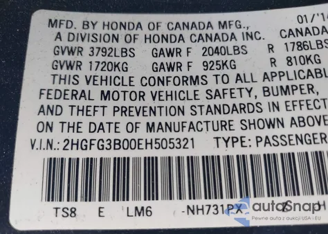 2014 Honda Civic Ex-L from USA, damaged, VIN 2HGFG3B00EH505321